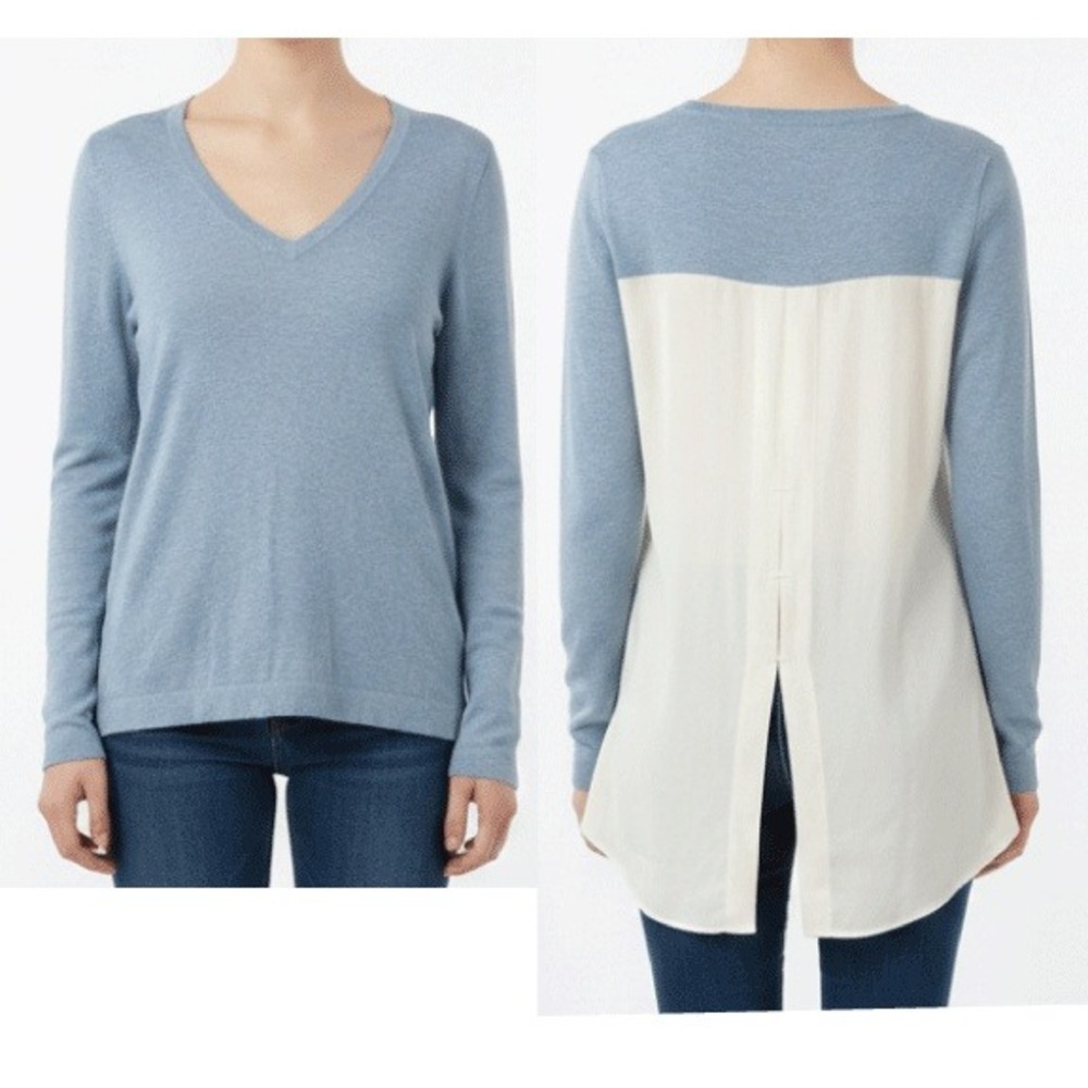 Etcetera Blue V Neck Knit Silk Blend Tunic Sweater Top Womens Size S Cabincore